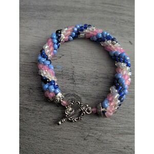 Handmade Beaded Rope Bracelet Blue Pink Clear Spiral Woven Toggle Clasp Heart